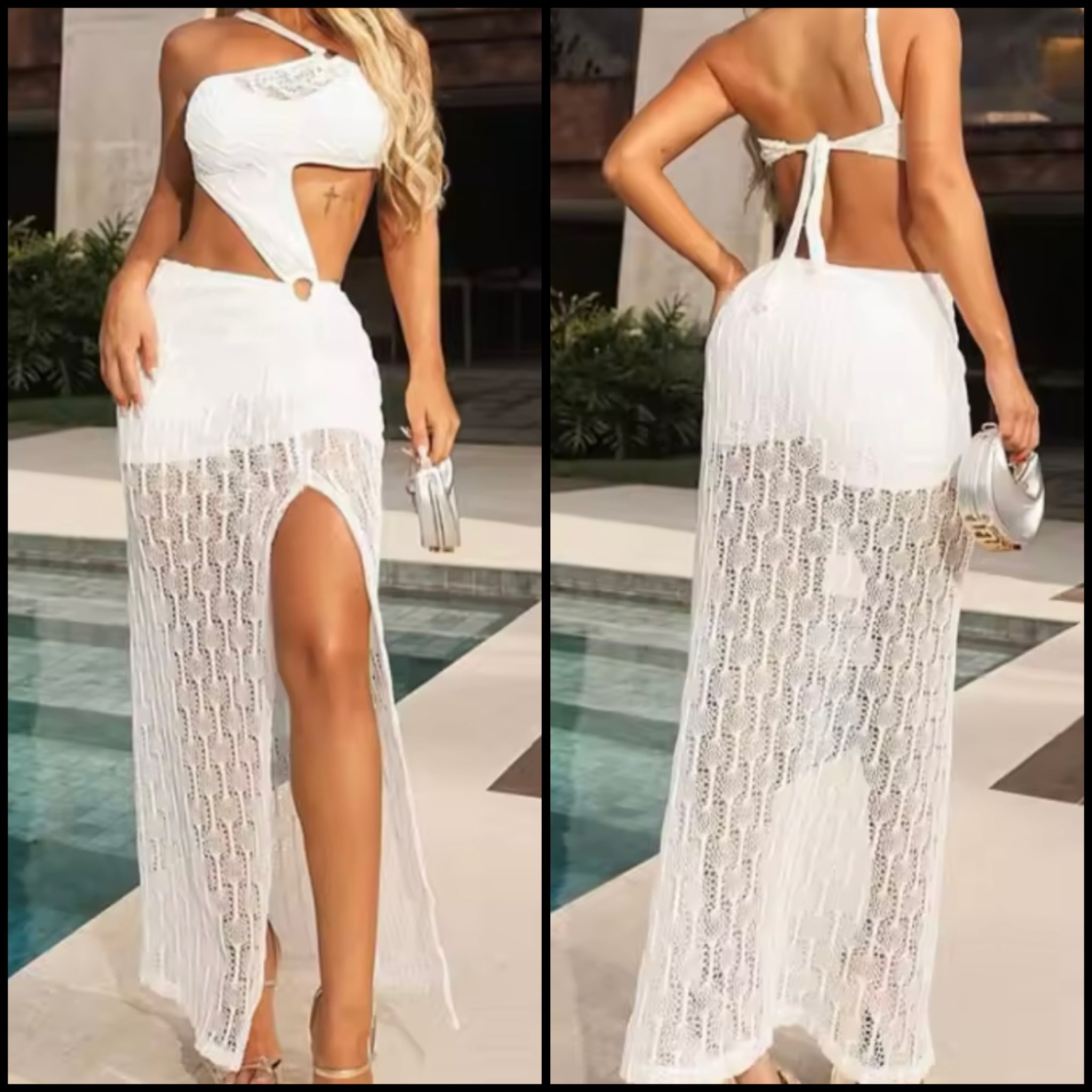 Women Sexy Sleeveless White Cut Out Side Split Maxi Dress