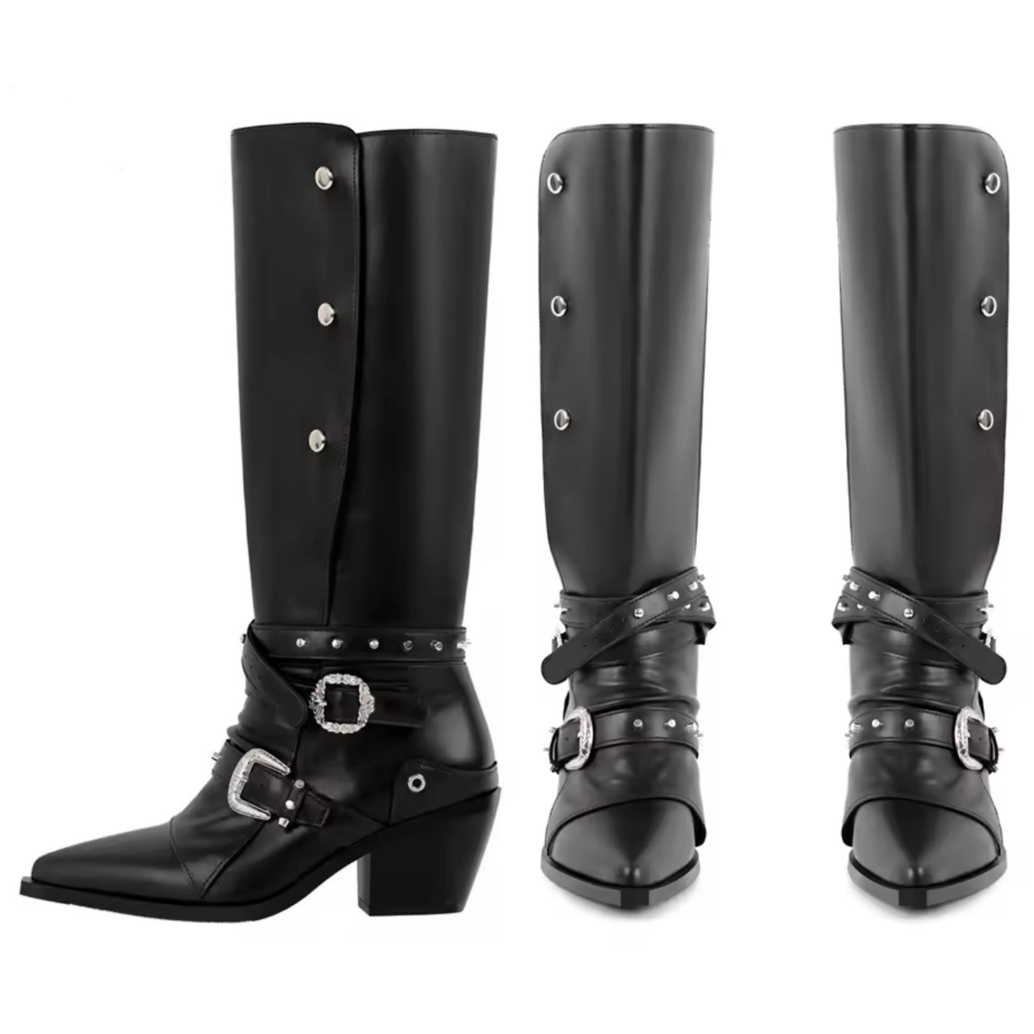 Women Fashion Black Buckled Button Knee High Western Boots