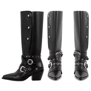 Women Fashion Black Buckled Button Knee High Western Boots