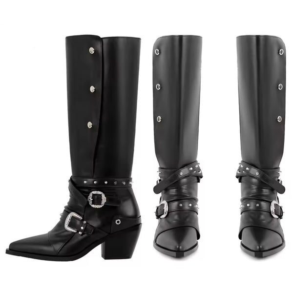 Women Fashion Black Buckled Button Knee High Western Boots