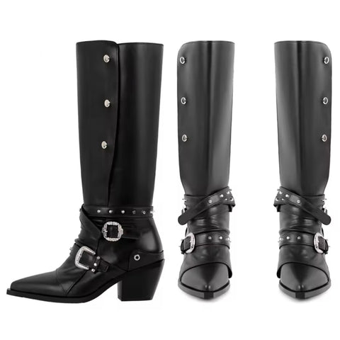 Women Fashion Black Buckled Button Knee High Western Boots