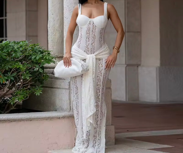 Women Sexy Sleeveless Floral Lace Maxi Dress