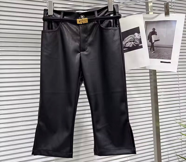 Women Color Fashion Faux Leather Capri Pants