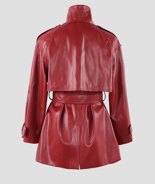 Women Faux Leather Belted Short Fashion Trench Jacket