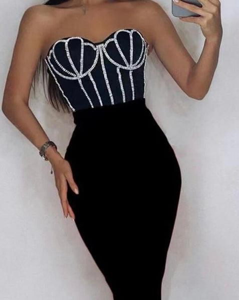 Women Sexy Strapless Rhinestone Patchwork Back Zipper Dress