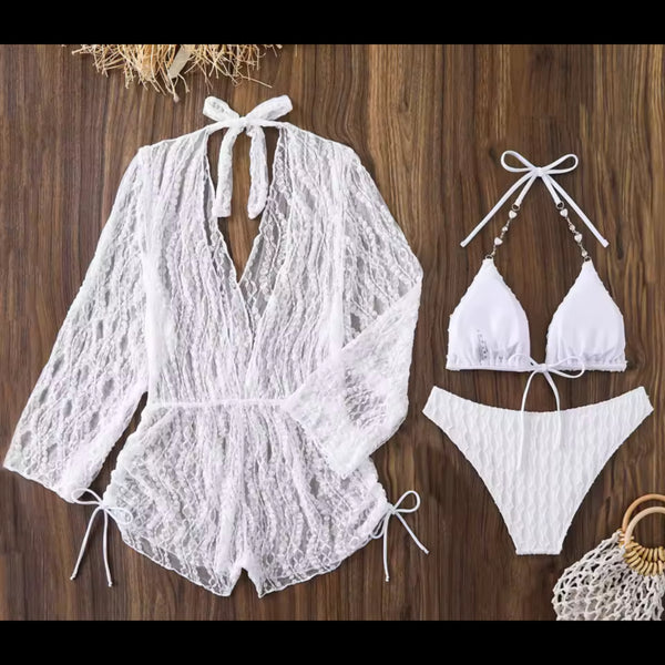 Women Sexy White Bikini Lace Cover Up Set