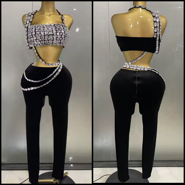 Women Sexy Crystal Halter Crop Two Piece Pant Set