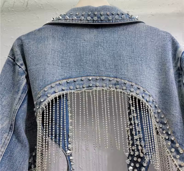 Women Rivet Rhinestone Tassel Fashion Denim Crop Jacket