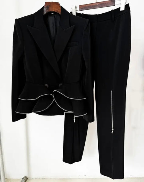 Women Black Button Up Ruffled Zipper Two Piece Blazer Pant Set