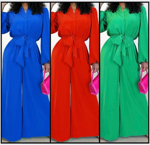 Women Fashion Button Up Solid Color Belted Full Sleeve Jumpsuit