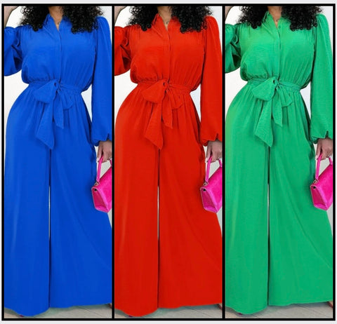 Women Fashion Button Up Solid Color Belted Full Sleeve Jumpsuit