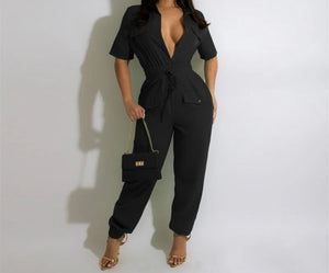 Women Fashion Button Up Short Sleeve Drawstring Jumpsuit