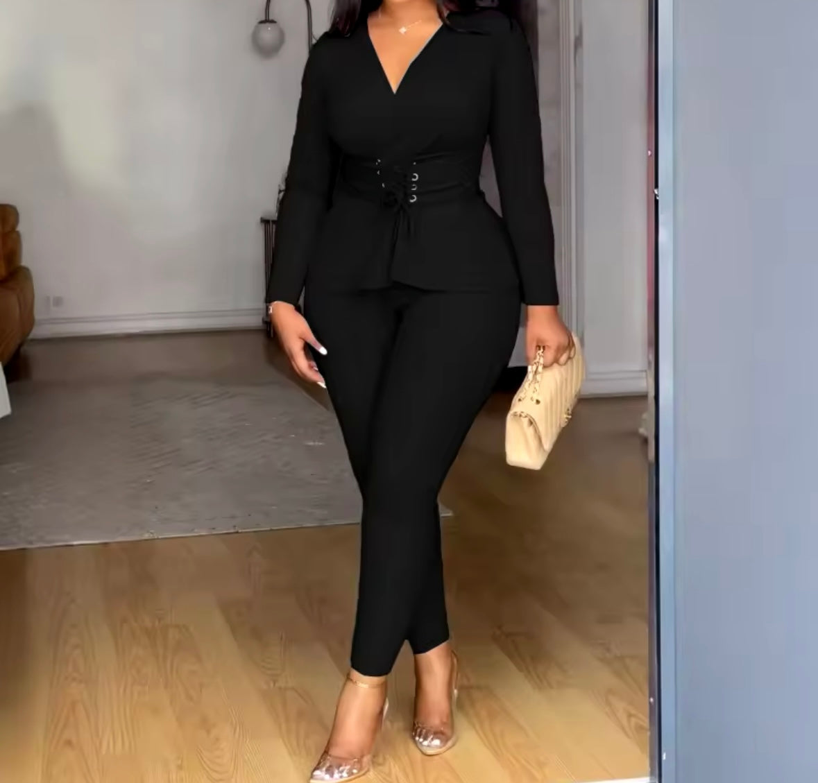 Women Solid Color Tie Up Full Sleeve Two Piece Pant Set