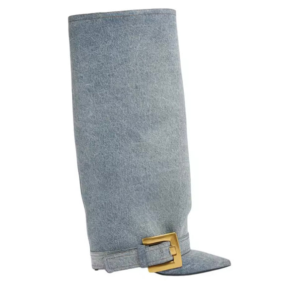 Women Fashion Gold Buckled Pointed Toe Knee High Boots