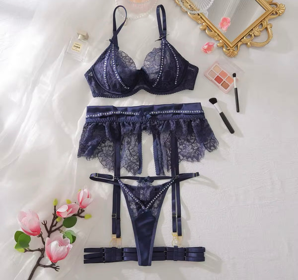 Women Sexy Blue Bling Lace Lingerie Set