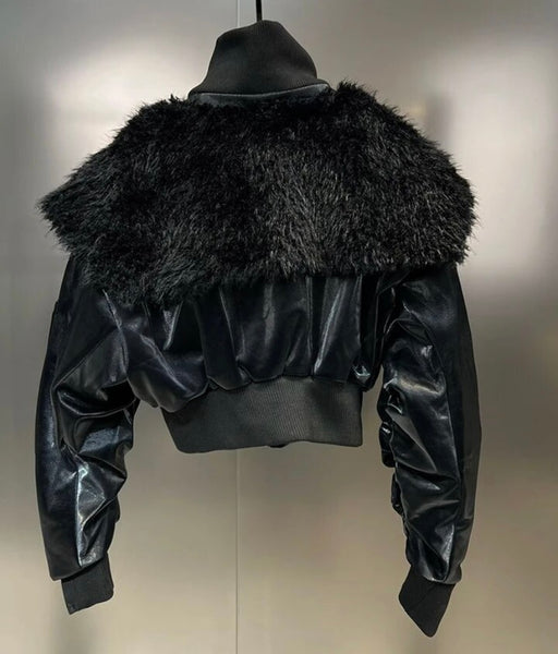 Women Fashion Faux Fur Patchwork Pocket Zipper Jacket