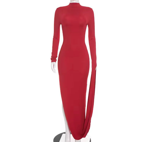 Women Sexy Red Asymmetrical Full Sleeve Maxi Dress