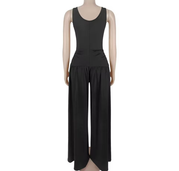 Women Sleeveless Metal Ruched Wide Leg Jumpsuit