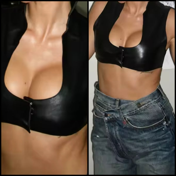 Women Black Fashion Sleeveless Faux Leather Crop Top