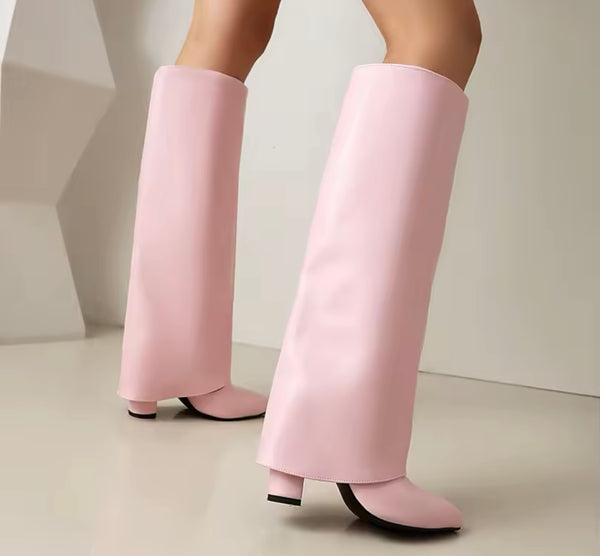 Women Color Pointed Toe Faux Leather Knee High Boots