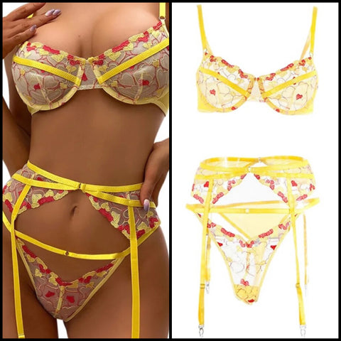 Women Sexy Heart Color Patchwork Mesh Lingerie Set