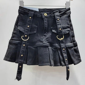 Women Fashion Buckled Pleated Denim Skirt