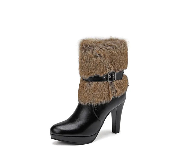 Women Fashion Round Toe Faux Leather Fur Buckled Ankle Boots