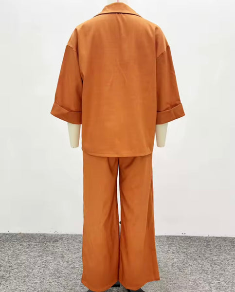 Women Orange Button Up Short Sleeve Two Piece Pant Set