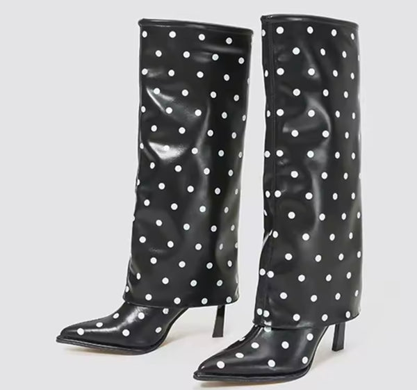 Women Fashion Polka Dot Faux Leather Knee High Boots