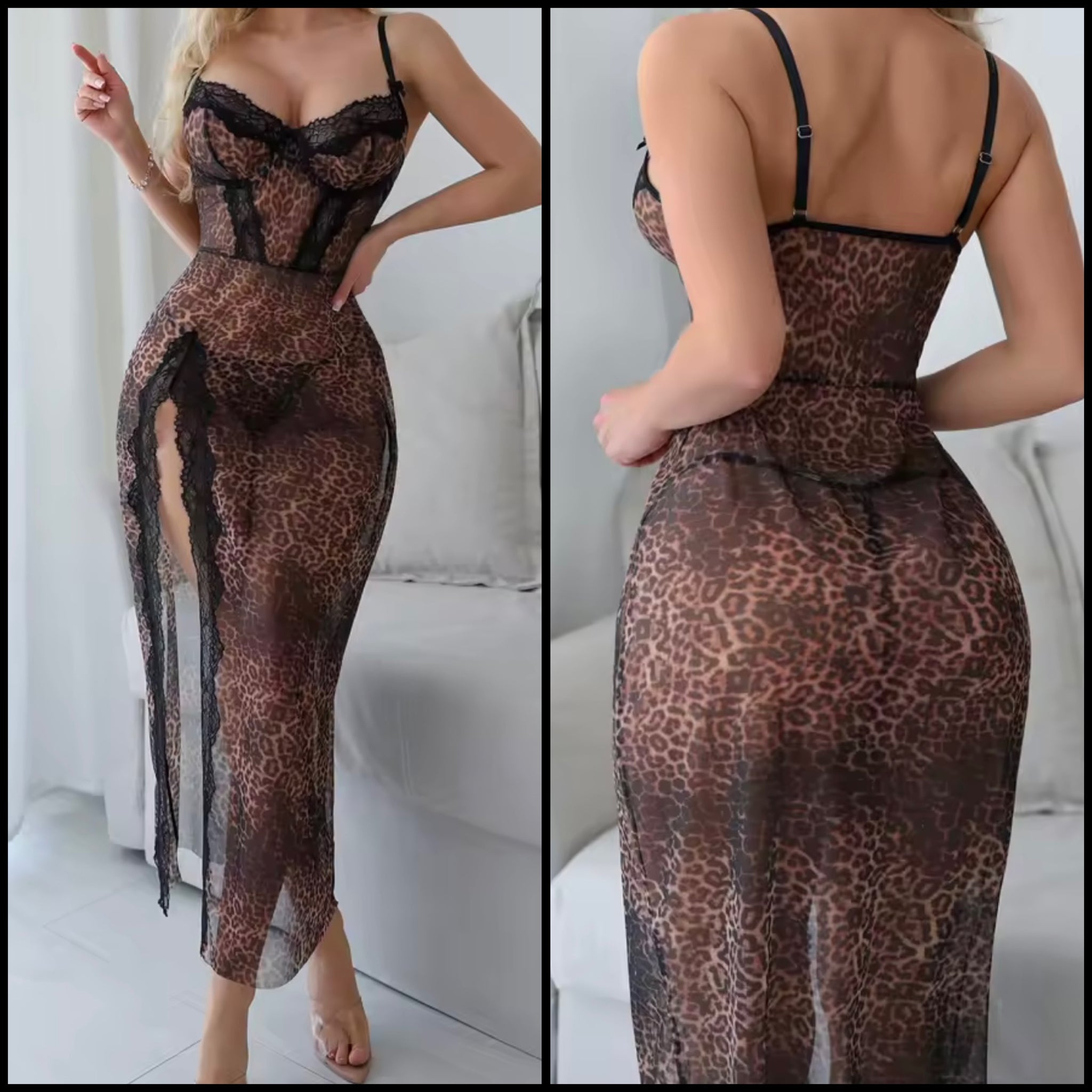 Women Sexy Sleeveless Lace Leopard Mesh Nightgown Lingerie