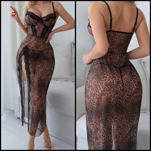 Women Sexy Sleeveless Lace Leopard Mesh Nightgown Lingerie
