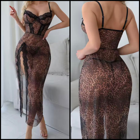 Women Sexy Sleeveless Lace Leopard Mesh Nightgown Lingerie