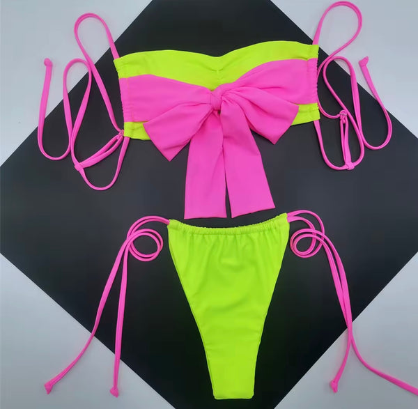 Women Sexy Tie Up Bow Color Patchwork Bikini