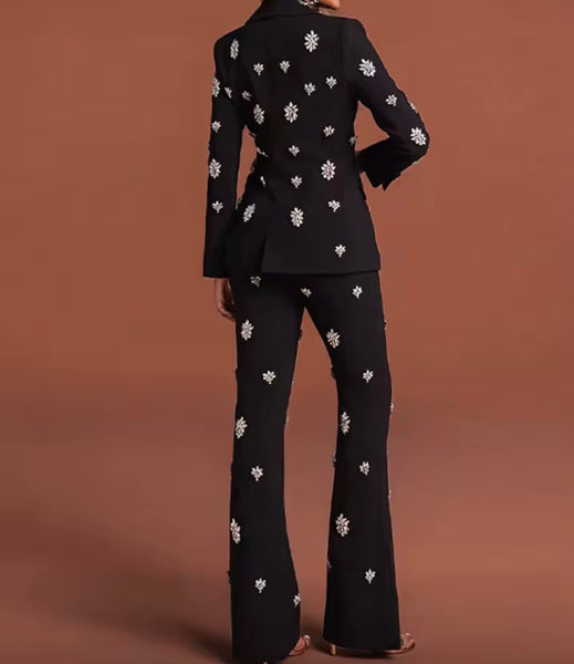 Women Rhinestone Full Sleeve Blazer Two Piece Fashion Pant Set