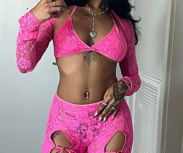Women Sexy Cut Out Tie Up Three Piece Lace Pant Set