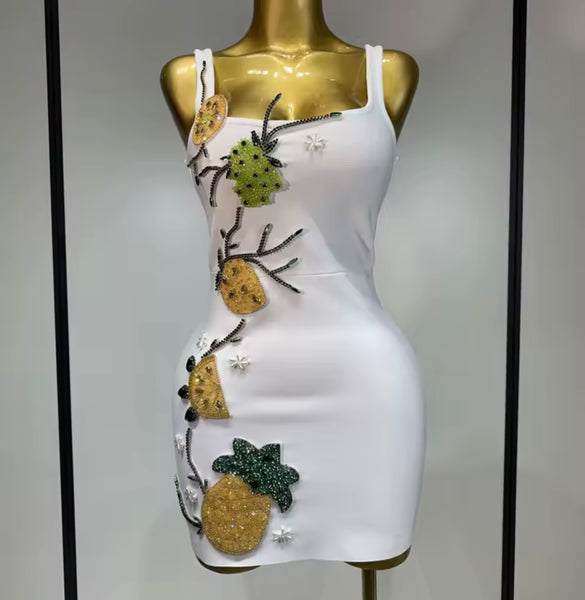 Women Sexy White Sleeveless Rhinestone Bandage Dress