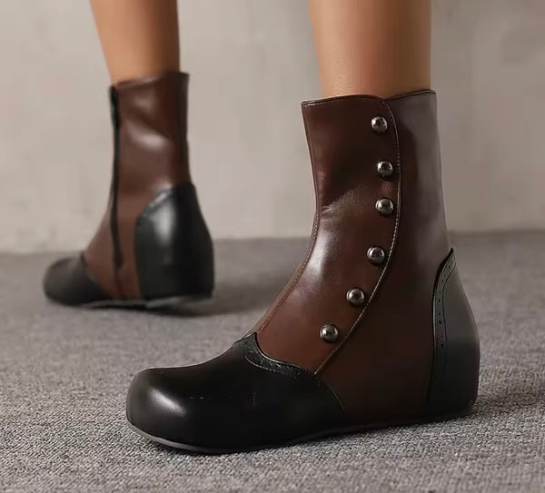 Women Color Patchwork Rivet Fashion Flat Ankle Boots