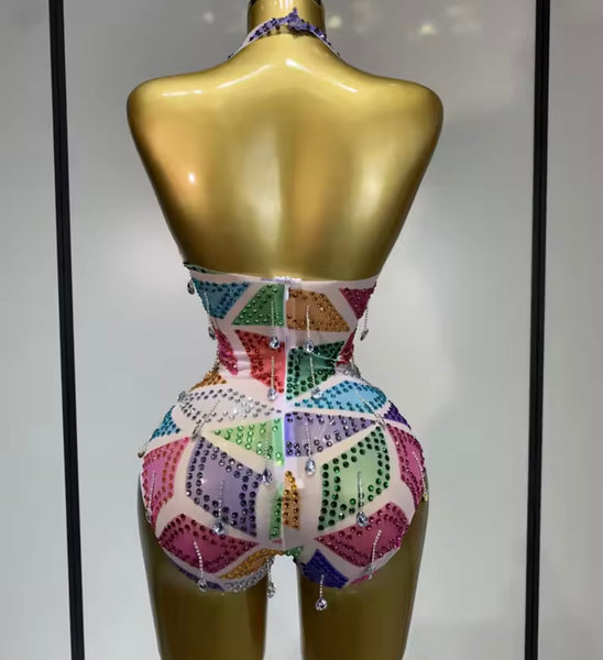 Women Halter Sleeveless Colorful Crystal Mesh Bodysuit Top