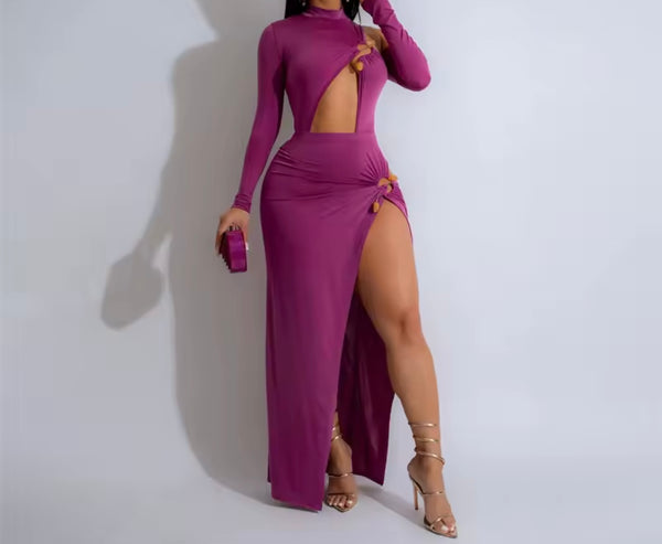 Women Sexy Cut Out Full Sleeve Side Split Maxi Dress