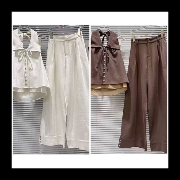 Women Button Bow Halter Sleeveless Two Piece Pant Set