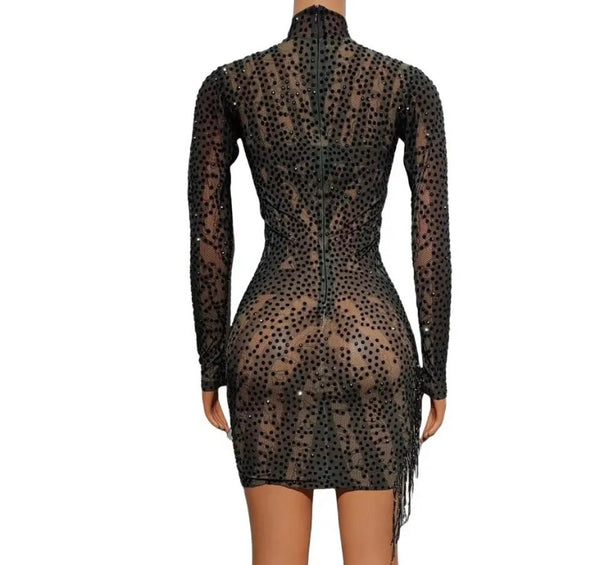 Women Black Sexy Beaded Tassel Full Sleeve Mesh Dress