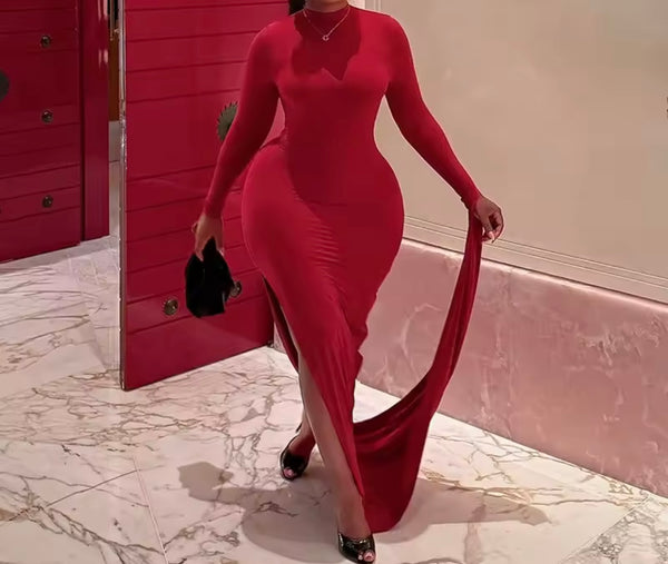 Women Sexy Red Asymmetrical Full Sleeve Maxi Dress