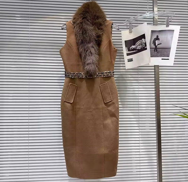 Women Sleeveless Bling Fur Collar Fashion Dress