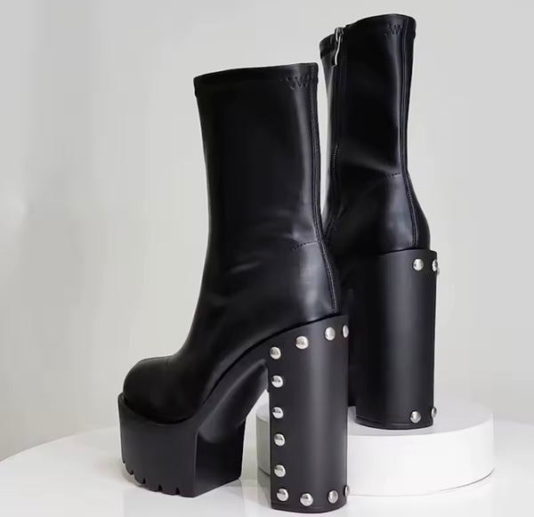 Women Fashion Black Platform Rivet High Heel Ankle Boots