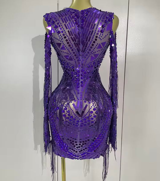 Women Sexy Crystal Mirror Mesh Full Sleeve Tassel Dress