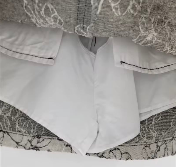 Women Fashion Gray Embroidered Floral Denim Skirt