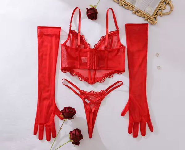 Women Sexy Red Mesh Glove Lingerie Set