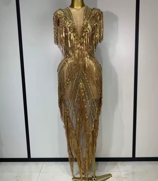 Women Sexy Sleeveless Gold Rhinestone Tassel Maxi Dress