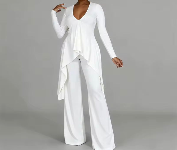 Women Ribbed Asymmetrical Full Sleeve Two Piece Fashion Pant Set