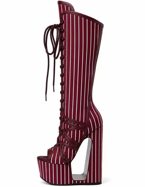 Women Fashion Striped Open Toe Platform Wedge Tie Up Boots